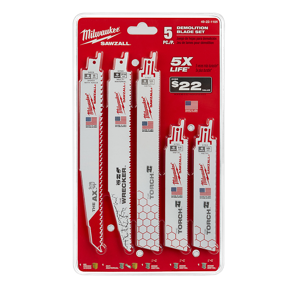 49-22-1105 Sawzall Demolition Blade Set, 5 Pieces, 6.9 in W, For Use With Jig Saw, Bi-Metal