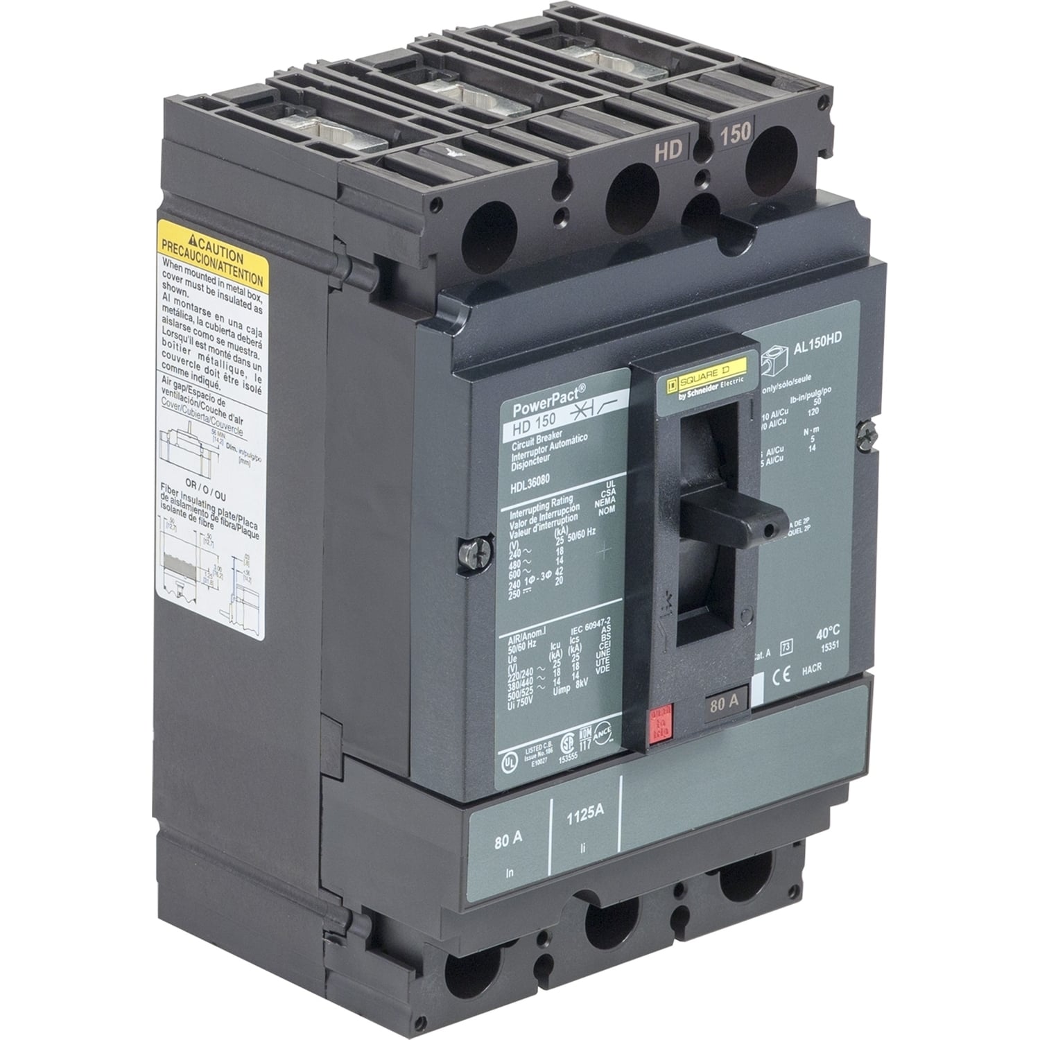 HDL36125C I-Line PowerPact H Type HDL Molded Case Circuit Breaker, 600 VAC, 250 VDC, 125 A, 18/14/20/25 kA Interrupt, 3 Poles, Thermal Magnetic Trip