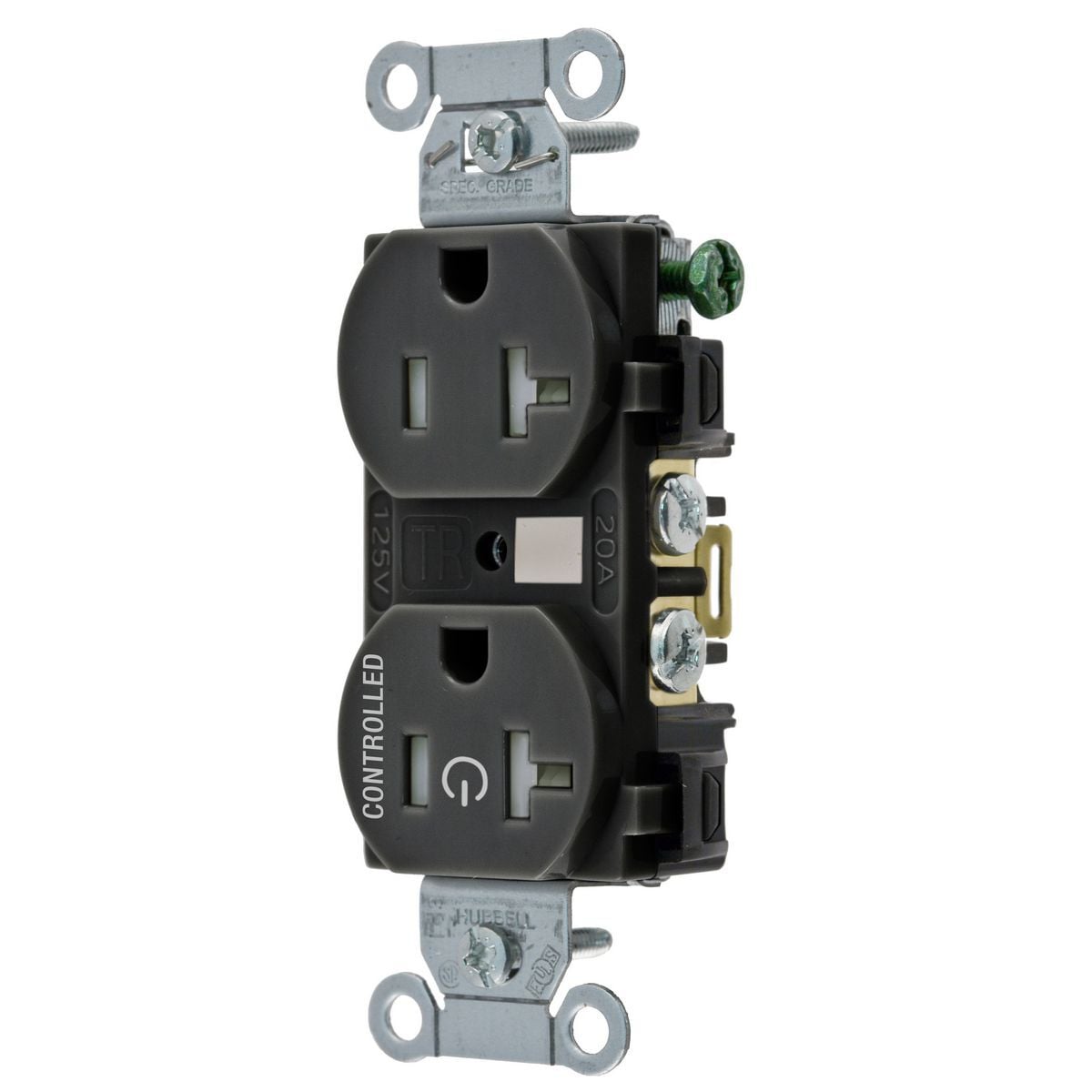 BR20C1BLKTR 1-Controlled Face Duplex Tamper-Resistant Straight Blade Receptacle, 125 V AC, 20 A, 2 Poles, 3 Wires, Black
