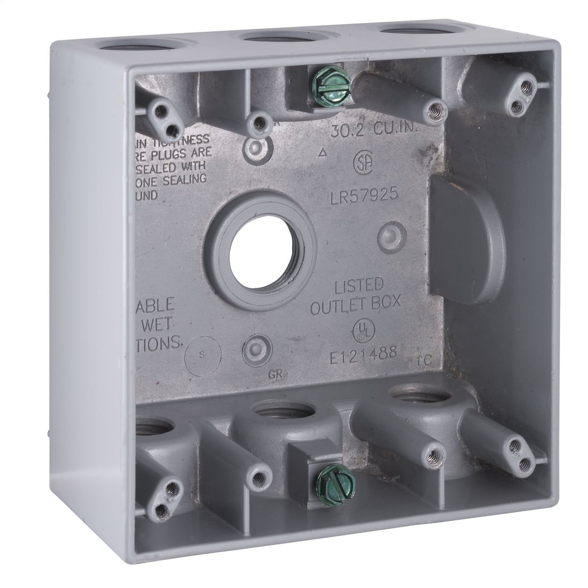 5340-0 Weatherproof Outlet Box, Die Cast Aluminum, 30.2 cu-in Capacity, 2 Gangs, (7) Outlets, 4-1/2 in H x 4-1/2 in W x 2-1/8 in D