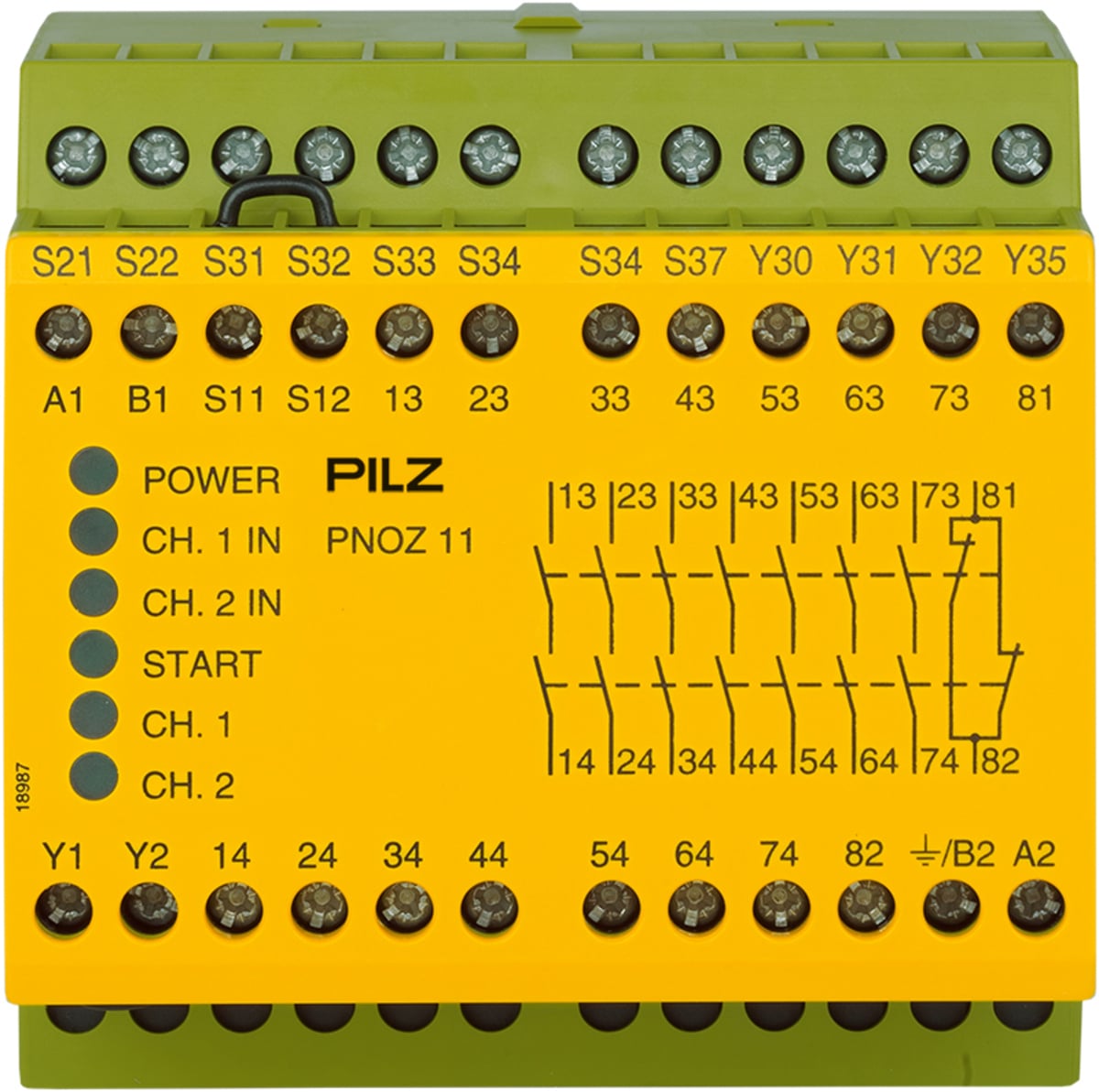 Safety Relay, 1/2-Channel Wiring with/without Detection of Shorts Across Contacts, 7 N/O, 1 N/C,1 SC, Automatic/Manual/Monitored Start, Start-up Test, UB = 110-120 V AC/24 V DC, 90mm, Screw Terminals Integrated, Monitoring of E-STOP, Safety Gates, Feedback Loop