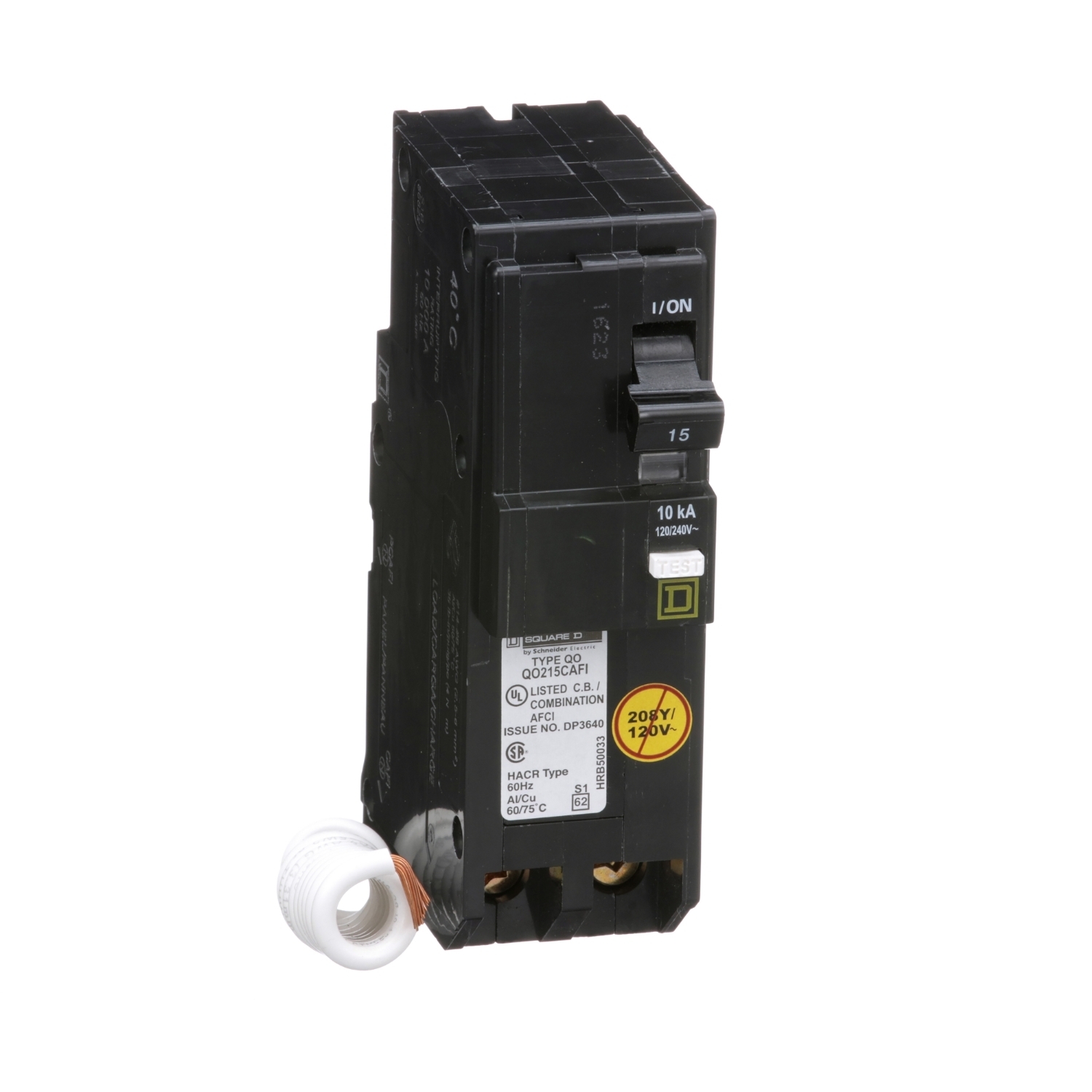 QO215CAFI Miniature Circuit Breaker, 15 Amp, 2 Pole, 120/240V