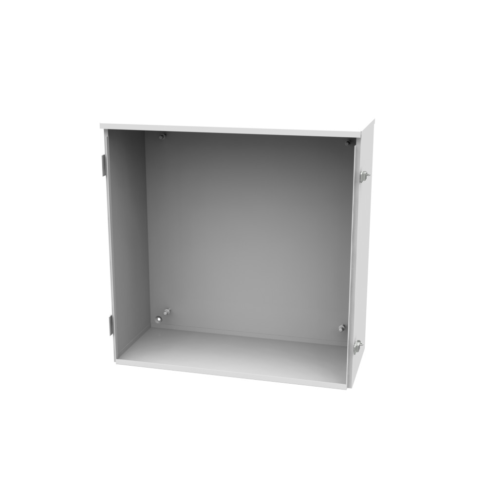 24x10x24 Hinge Cover Type 3R UL Listed Steel No Knockouts ANSI 61 Gray Back Panel Weld Studs Drip Shield Emboss Mounting Holes in Back Padlocking Draw Latch