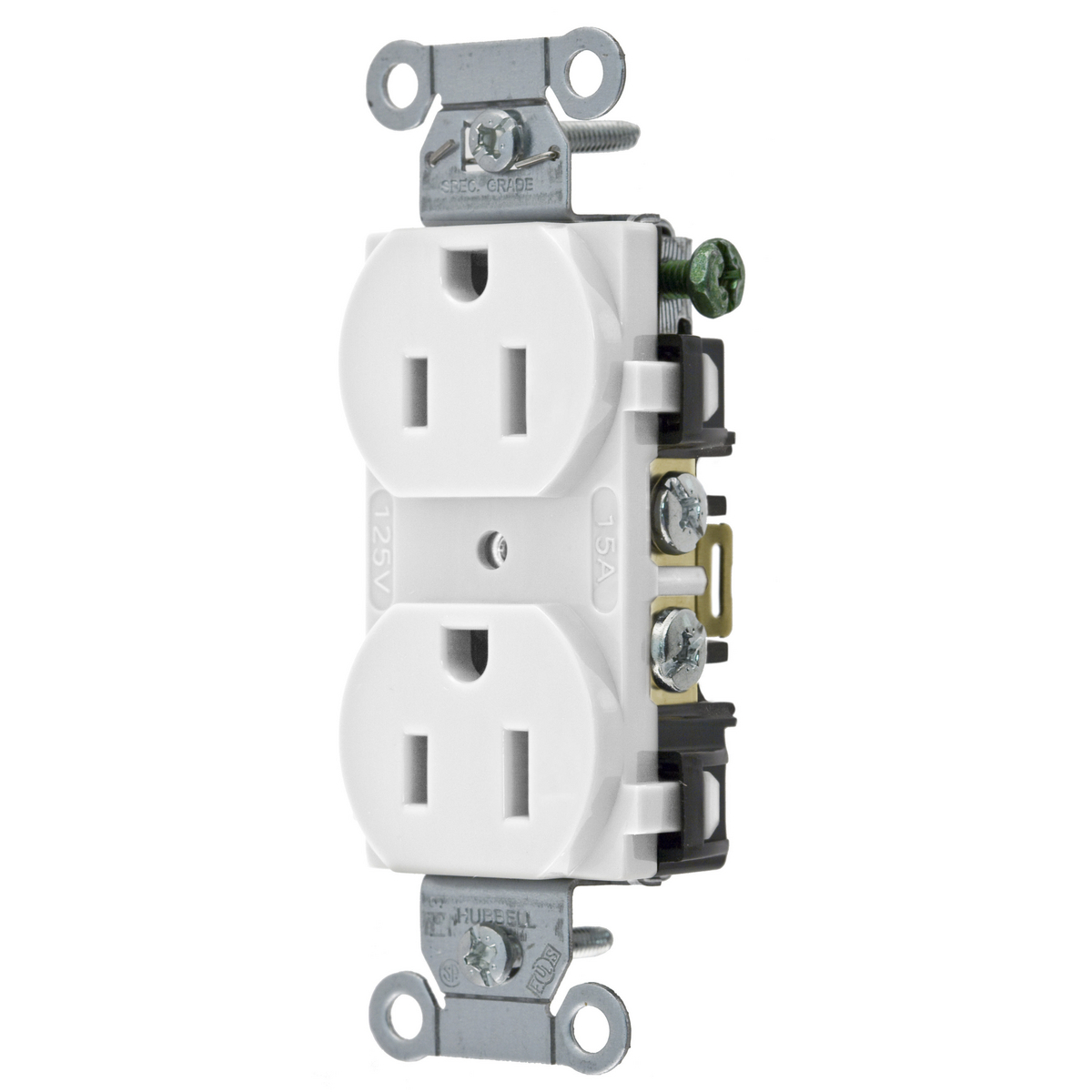 BR15WHI 1-Phase Duplex Self-Grounding Screw Mount Straight Blade Receptacle, 125 V AC, 15 A, 2 Poles, 3 Wires, White