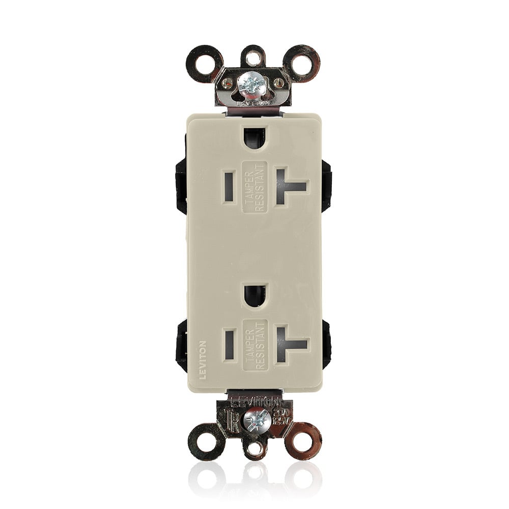 MT163-I Decora Plus Lev-Lok 1-Phase Duplex Extra Heavy Duty Self-Grounding Tamper Resistant Straight Blade Receptacle, 125 V AC, 20 A, 2 Poles, 3 Wires, Ivory