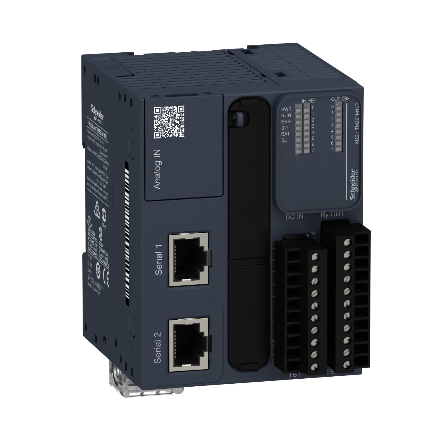 TM221M16R Modicon Logic Controller With Realtime Clock, 24 V DC, 7 mA Discrete Input/5 mA Fast Input, 8 Discrete/2 Analog Inputs, 8 Relay Outputs