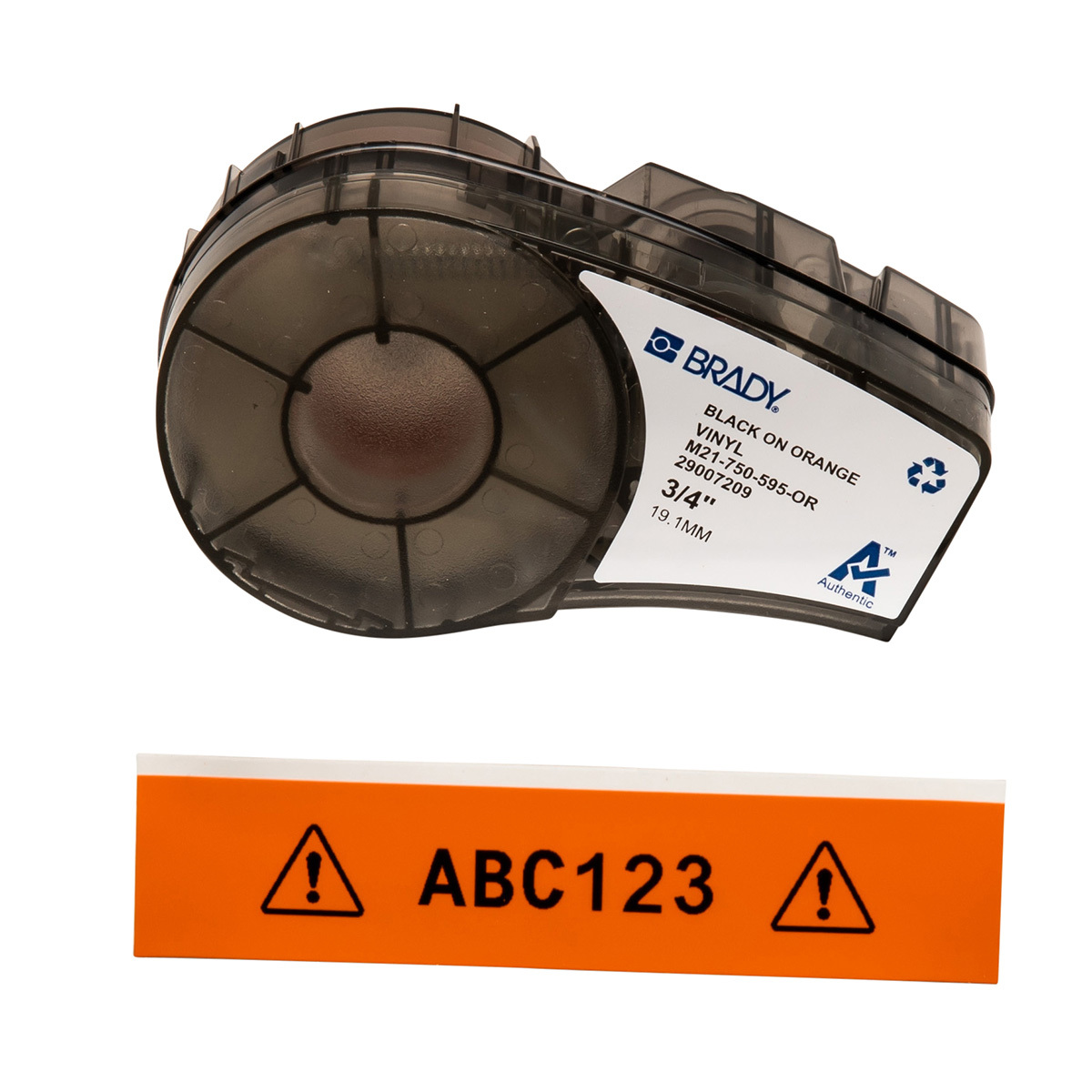 M21-750-595-OR BPM21 Label Marker Cartridge, 21 ft L x 3/4 in W, For Use With BMP 21 PLUS Portable Label Printers, IDPAL and LABPAL Handheld Label Maker, B-595 Vinyl, Black on Orange