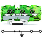 Ground/earthing terminal block with 1-deck/level + side and center marking slot - Suitable for Ex e II applications - Wago (2010 TOPJOB S series) - Green-Yellow - 1 grounding / protective-earth (1PE) / 3-wires (1 push-in + 2 push-in) (1+2) - 10mm2 nominal cross-section - for 0.5mm2...16mm2 / for #20AWG...#6AWG - with Push-in CAGE CLAMP spring connections - DIN-35 rail (35 x 15 / 35 x 7.5) mounting (10mm width)