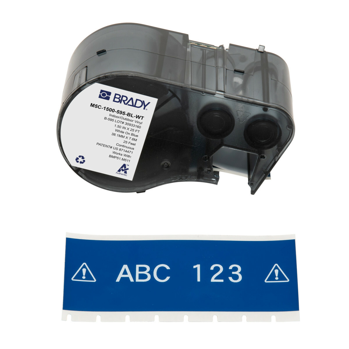 M5C-1500-595-BL-WT General Permanent Adhesive Label, 20 ft L x 1.5 in W, White on Blue, B-595 Vinyl