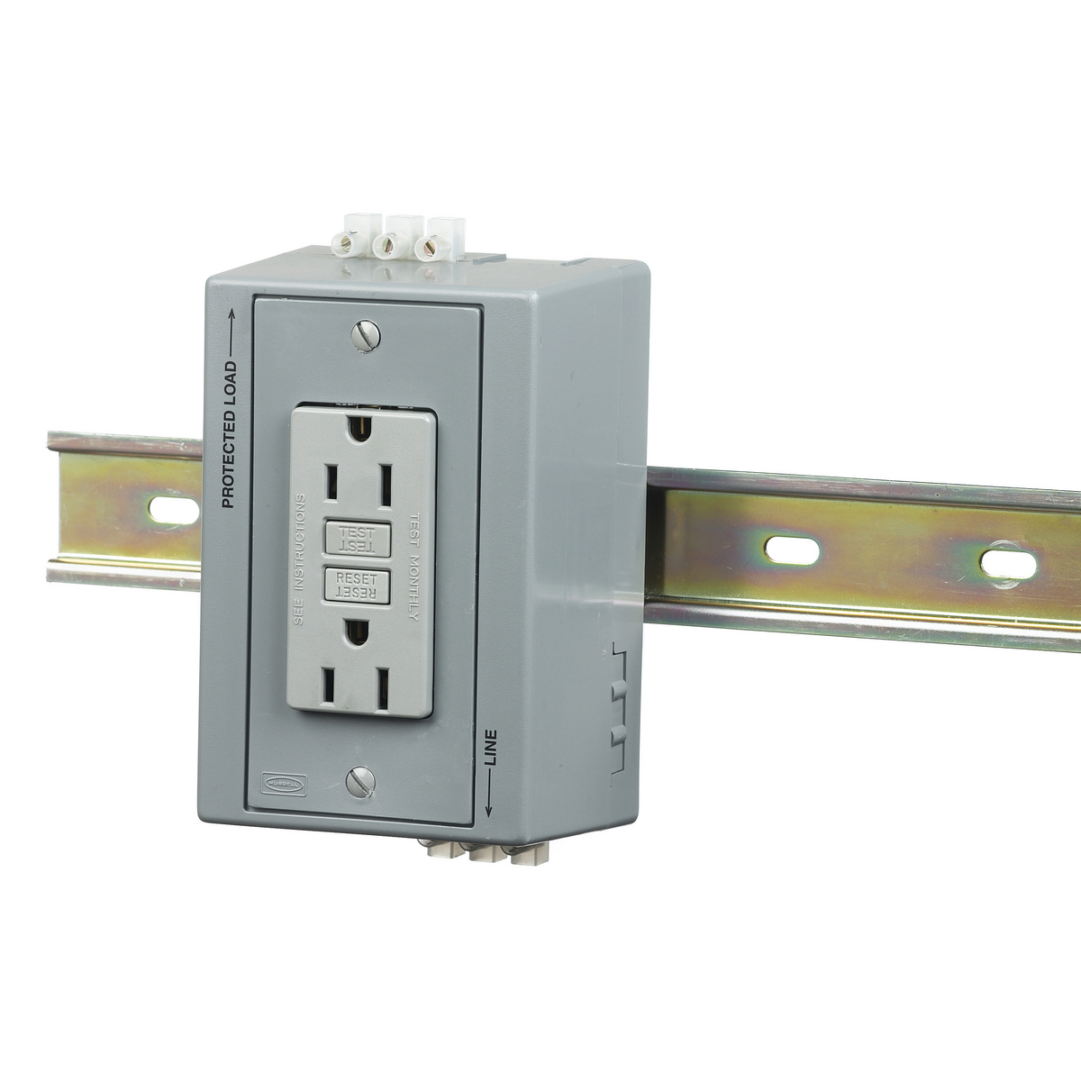 DRUBGFI15AC GFCI Duplex Receptacle Din Rail Utility Box With Auxiliary GFCI Contact, 125 V AC, 15 A, 0.5 hp Power Rating, 2 Poles, 3 Wires