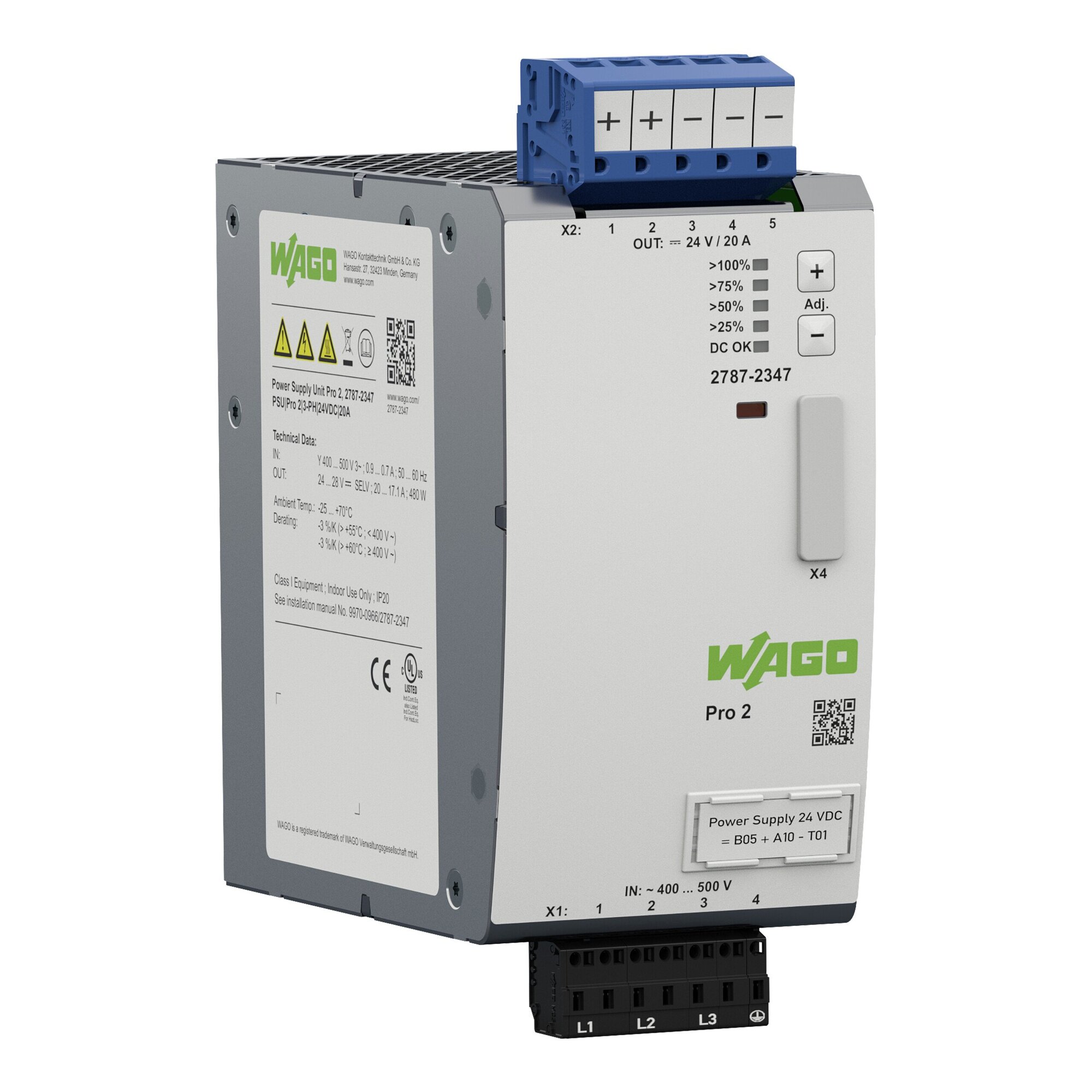 2787-2347 2787 3-Phase Power Supply, 400 to 500 V AC Input, 24 VDC Output, 20 A, DIN Rail Mounting