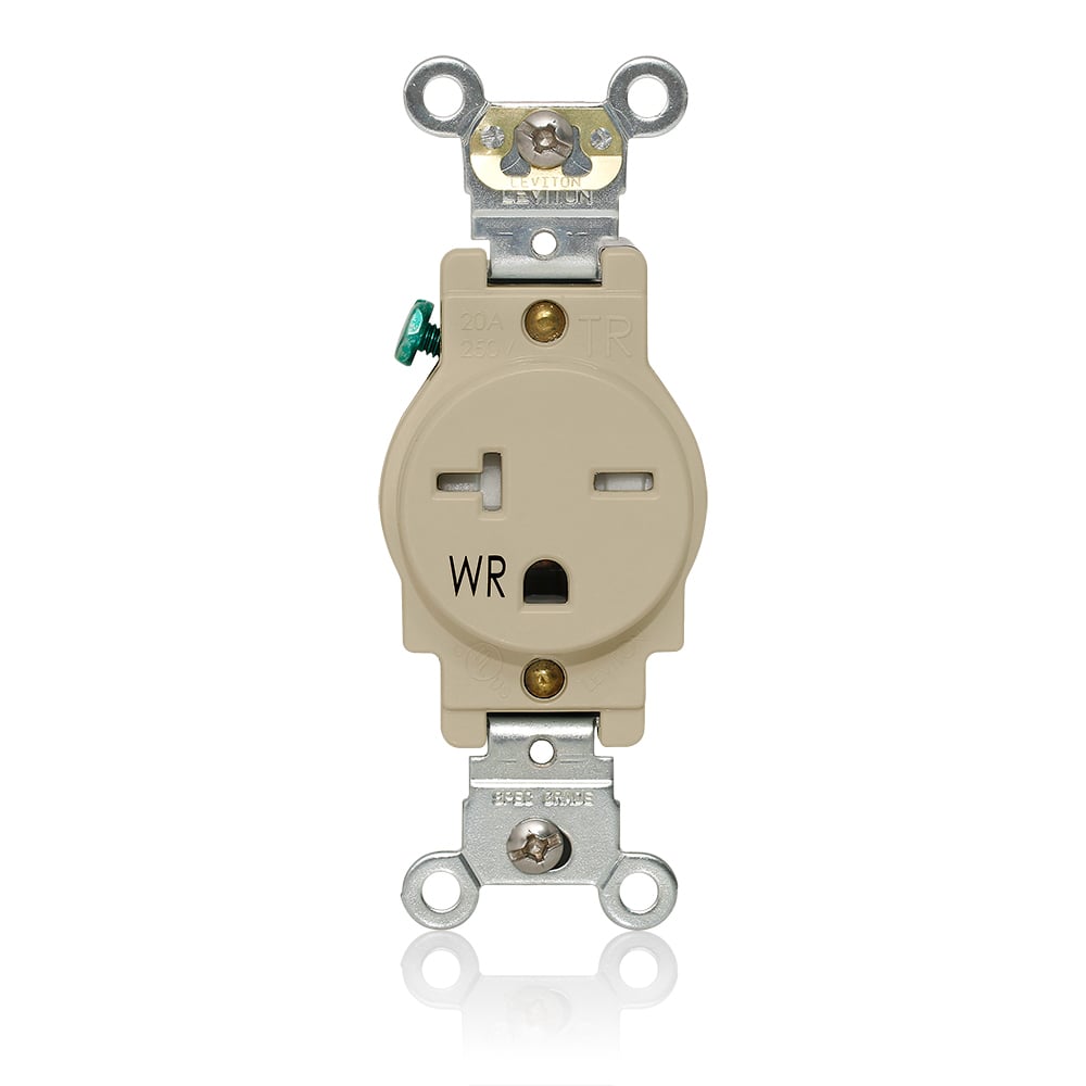 W5461-T0I W5461-T Heavy Duty Self-Grounding Single Smooth Face Standard Straight Blade Receptacle, 250 V AC, 20 A, 2 Poles, 3 Wires, Ivory