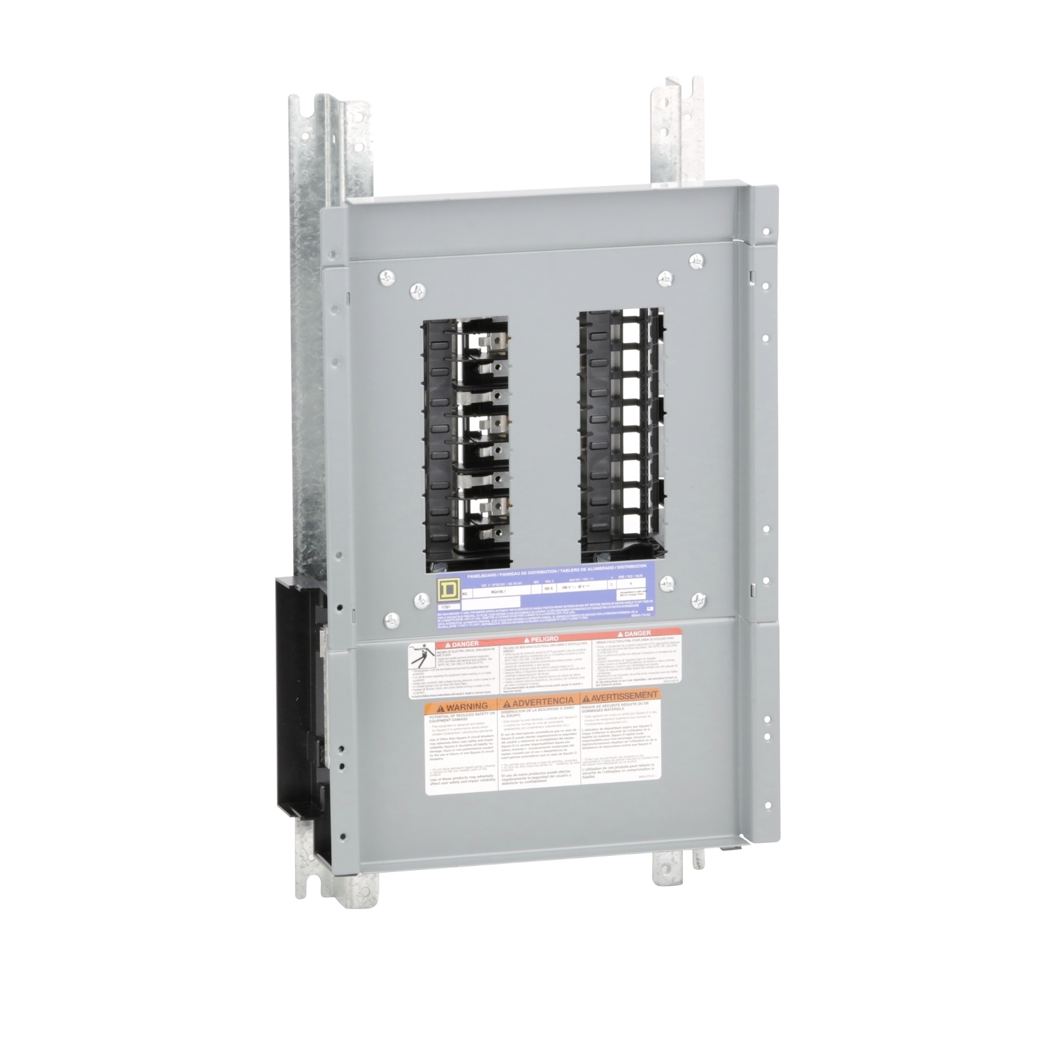 Panelboard interior, NQ, main lugs, 100A, Al bus, 18 pole spaces, 3 phase, 4 wire, 240VAC, 48VDC