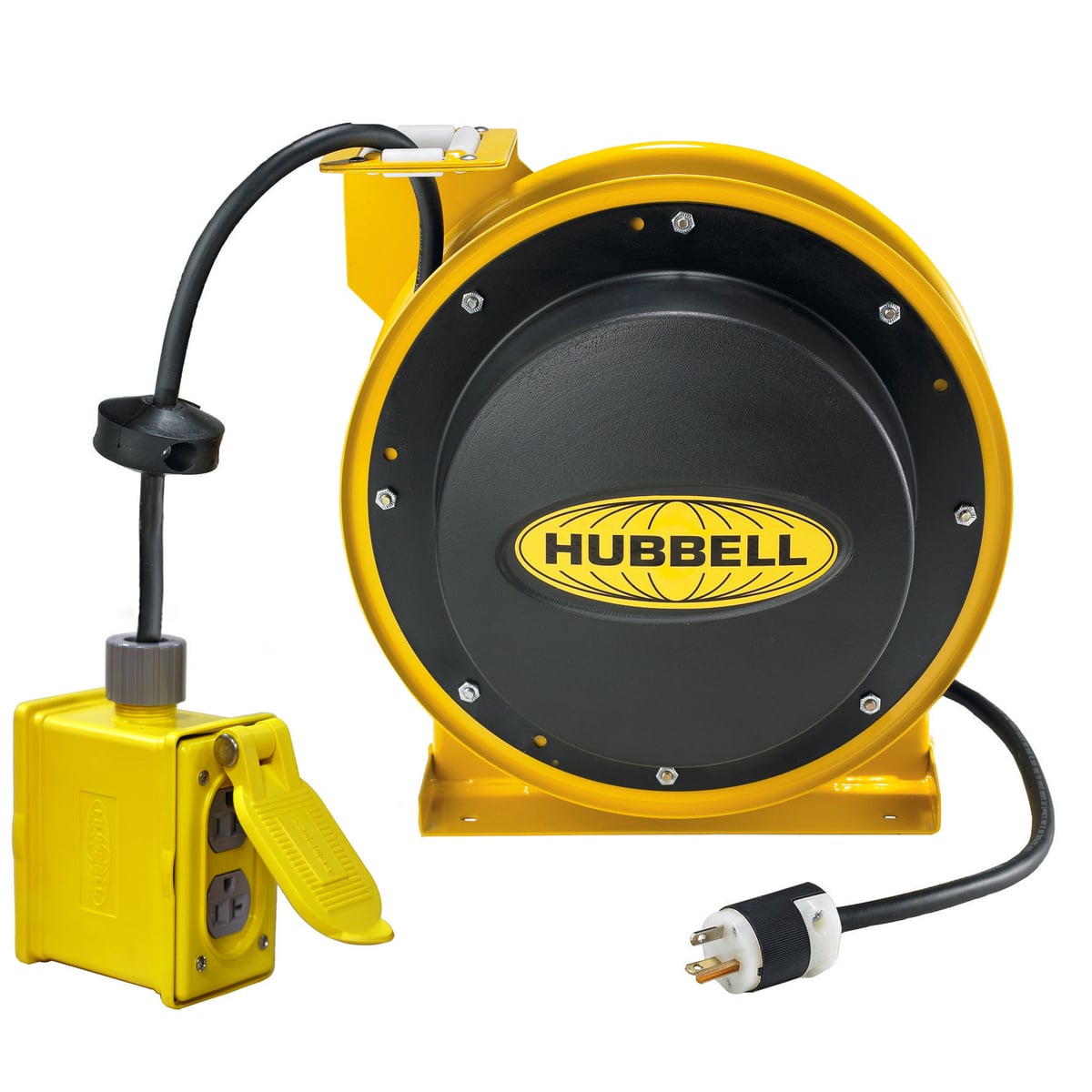 HBL45123R20 Heavy Duty Industrial Power Cord Reel With Portable Outlet Box, 125 VAC, 20 A, 45 ft L Cord, 12 AWG Conductor, 1 Outlet