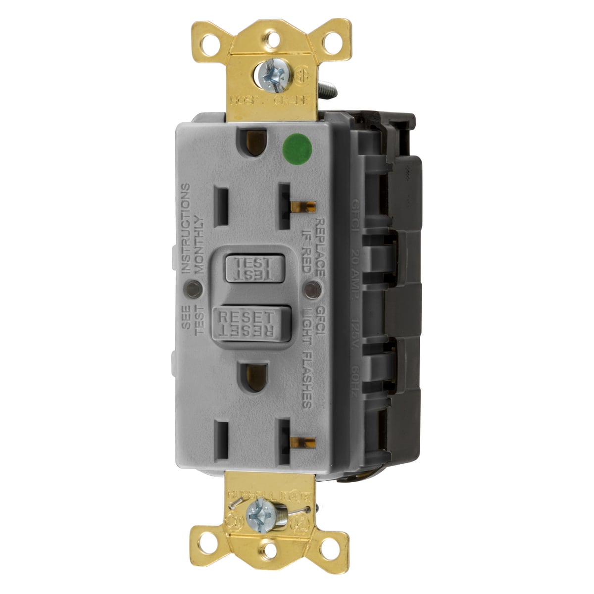 GFRST83SNAPGY 1-Phase Decorator Duplex Self-Test Standard Screw Mount GFCI Receptacle, 125 VAC, 20 A, 2 Poles, 3 Wires, Gray