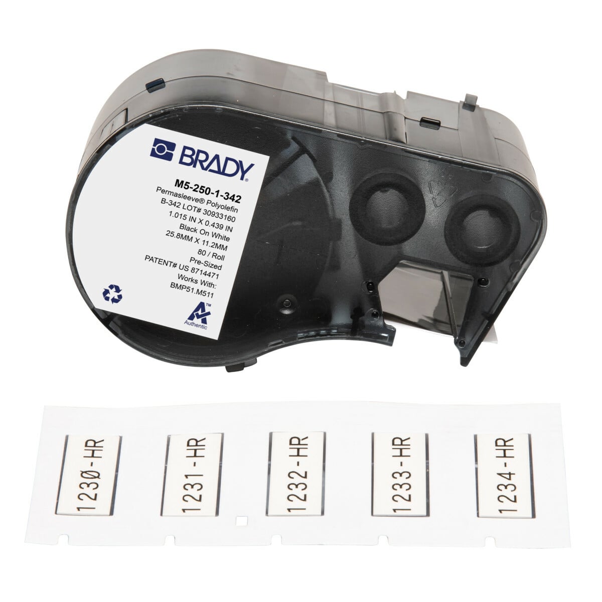 M5-250-1-342 Heat Shrink Wire and Component Label, 0.439 in W, Black on White, B-342 Polyolefin