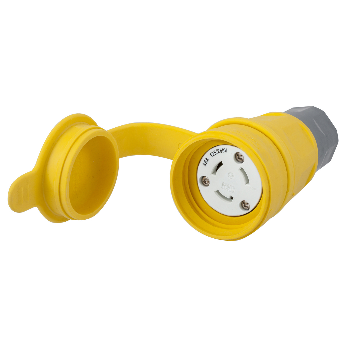 HBL29W08 Insulated Isolated Non-Grounding Standard Water/Dust-Tight Cord Mount Watertight Locking Female Connector, 125/250 VAC, 30 A, 3 Poles, 3 Wires, Yellow