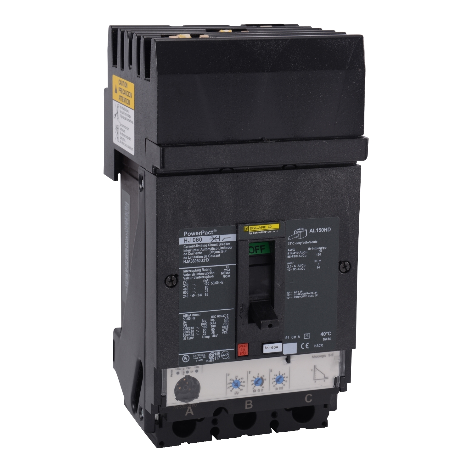 HJA36060U31X Molded Case Circuit Breaker, 60 Amp, 3 Pole, 600V