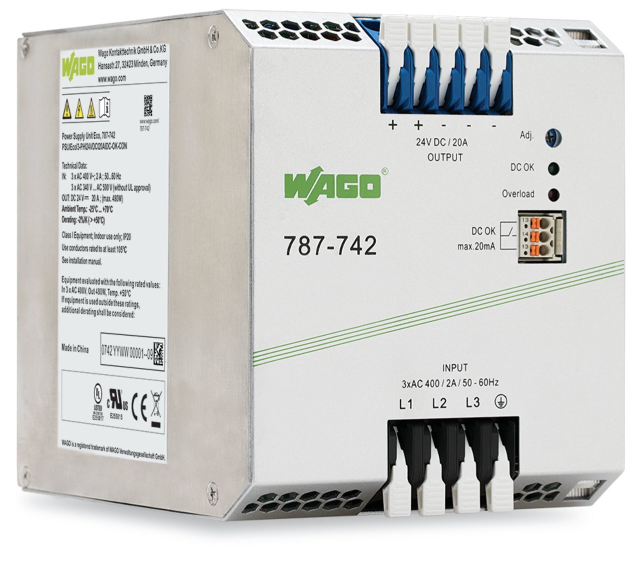 787-742 3-Phase, 650 V Input, 24 V DC Output, DIN Rail Mount