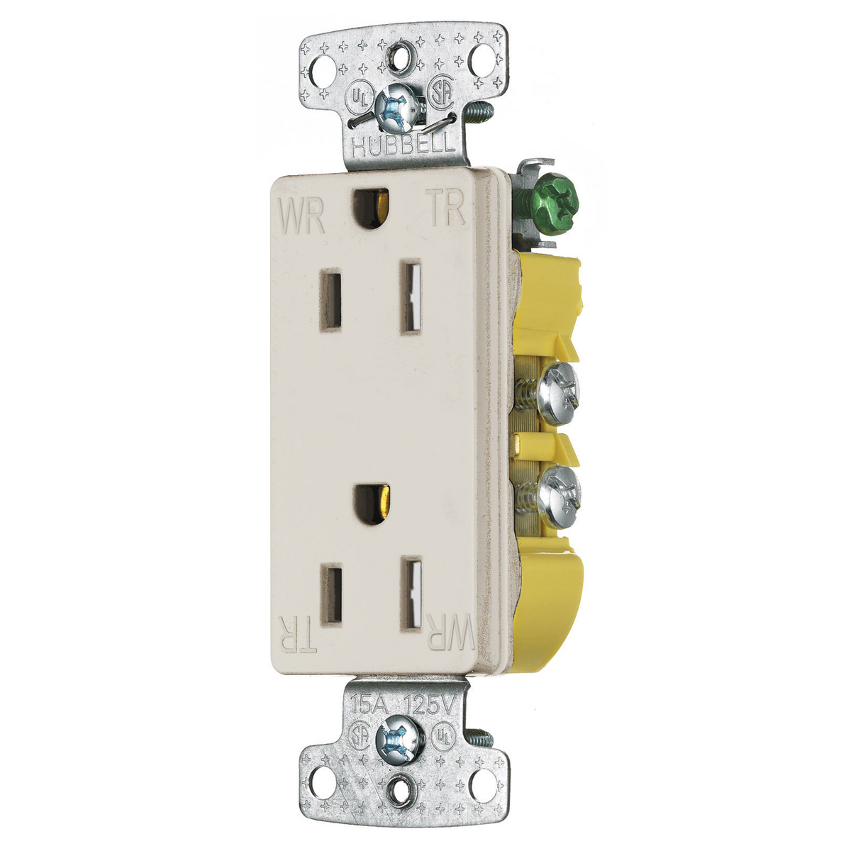 RRD15SLAWRTR 1-Phase Decorator Duplex Standard Tamper/Weather-Resistant Screw Mount Straight Blade Receptacle, 125 V AC, 15 A, 2 Poles, 3 Wires, Light Almond