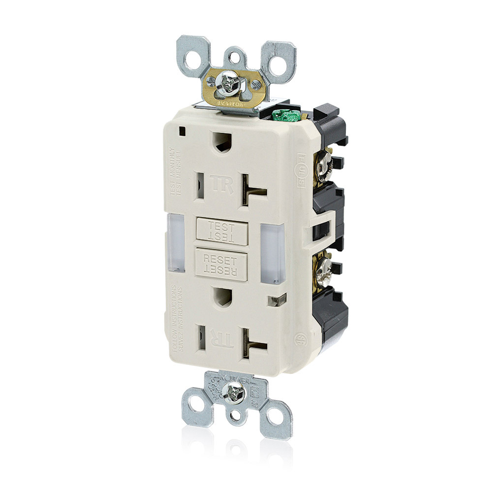GFNL2-T SmartlockPro Slim Duplex Self-Test Tamper Resistant GFCI Receptacle With Guide Light, 125 V AC, 20 A, 2 Poles, 3 Wires, Light Almond