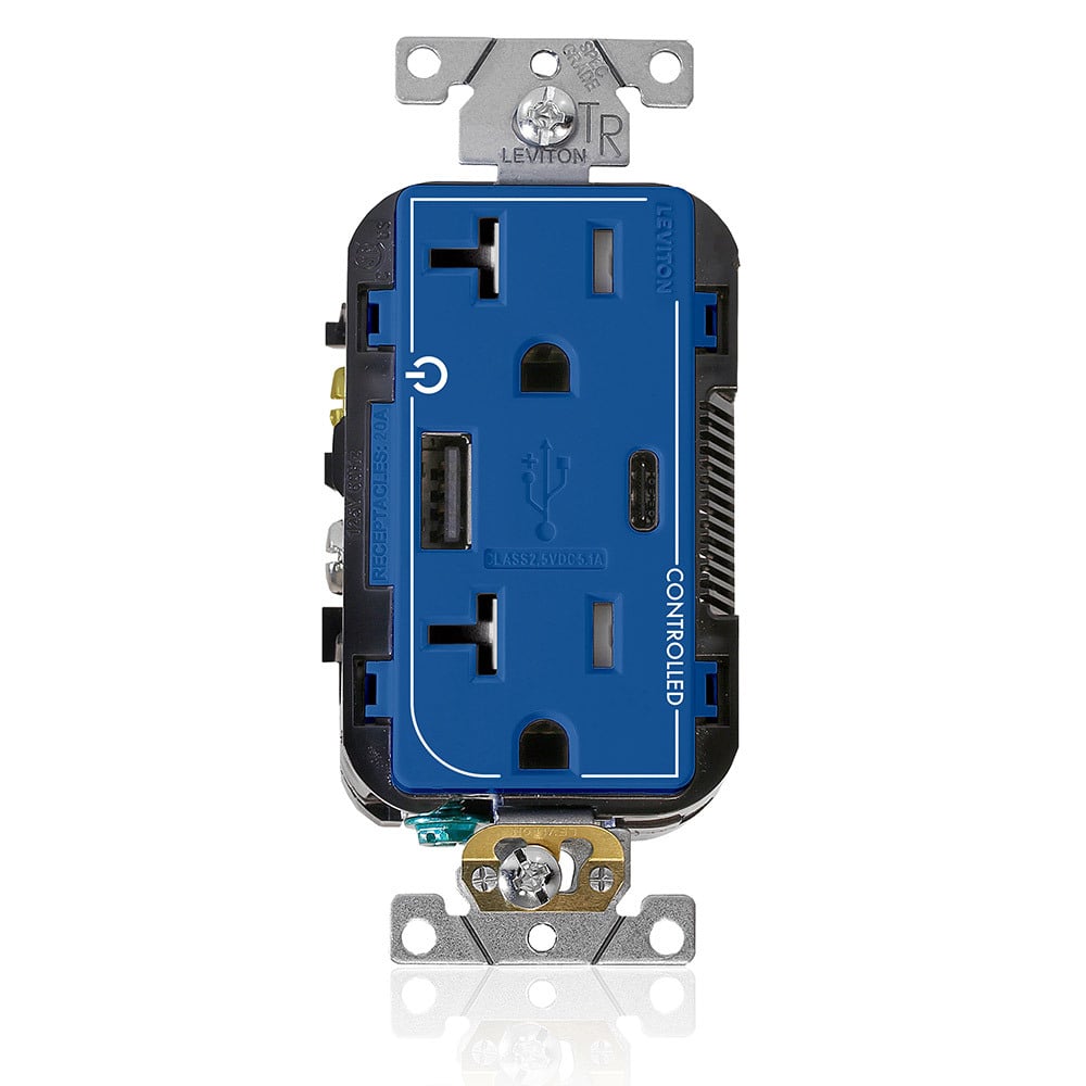 T5833-2BU Controlled Combination Duplex Dual Marked Grounding Tamper-Resistant USB Receptacle, 125 V AC, 20 A, 1/2 hp, 2 Poles, 3 Wires, Blue