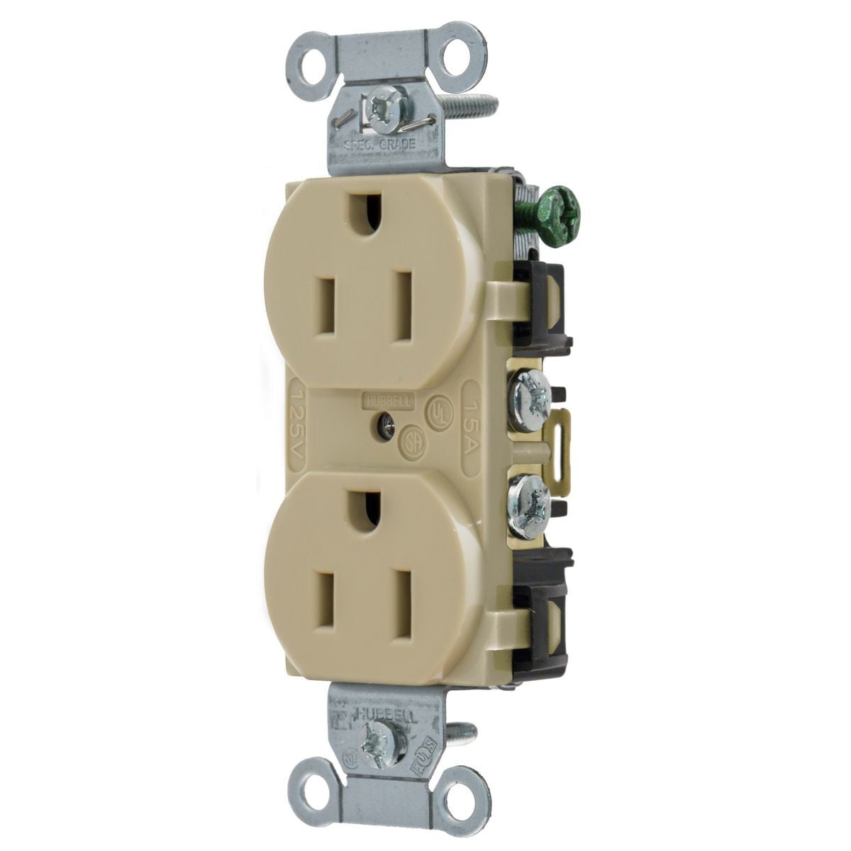 5252AI 1-Phase Duplex Heavy Duty Self-Grounding Standard Traditional Screw Mount Straight Blade Receptacle, 125 V AC, 15 A, 2 Poles, 3 Wires, Ivory