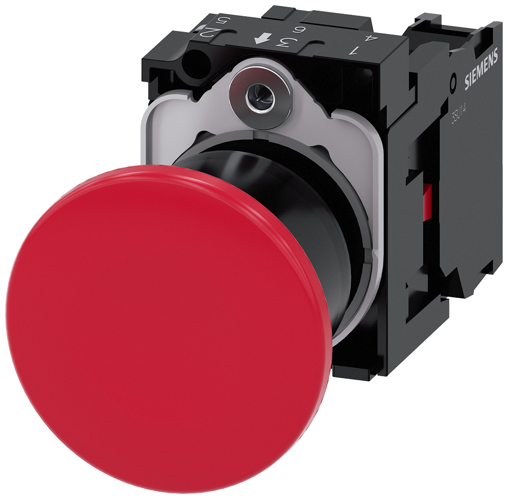 3SU11001BA201CA0 Sirius Act Round Standard Series Non-Illuminated Push-Pull Switch With Holder, 22 mm, 1NC Contact, Mushroom Head Operator, Black/Red