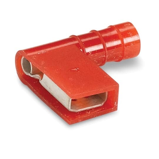 RAD18-187A Sta-Kon 90 deg Flag Female Disconnect, 22 to 18 AWG Conductor, 0.187 in W x 0.032 in THK Tab, Internal Serration Long Barrel, Brass, Red, Fully Insulated
