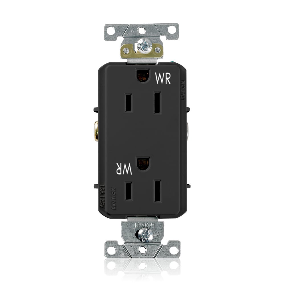 WDR15-E Decora Plus Duplex Heavy Duty Self-Grounding Smooth Face Weather-Resistant Straight Blade Receptacle, 125 V AC, 15 A, 2 Poles, 3 Wires, Black