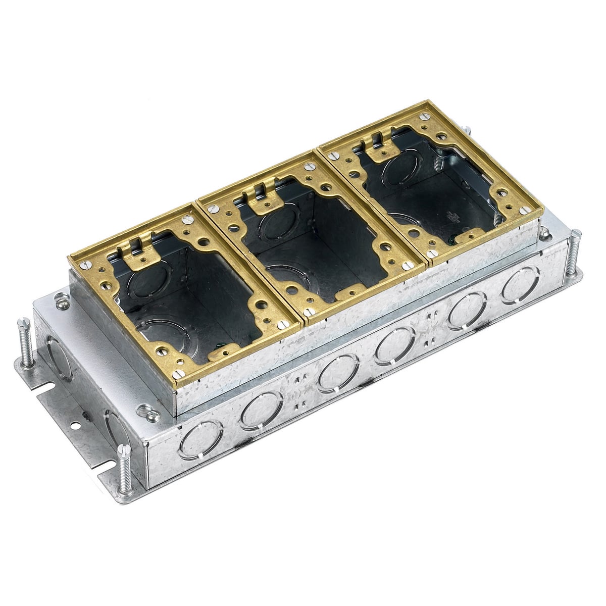 B2423 B24 Fully Adjustable Shallow Standard Sized Floor Box, Stamped Steel, 34 cu-in/Gang Capacity, 3 Gangs, (22) Knockouts, 4.81 in L x 12.5 in W x 2.74 in H