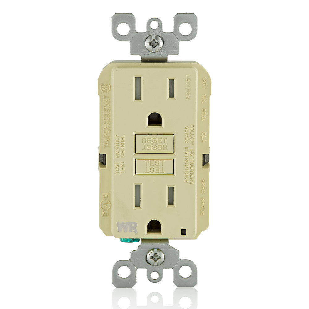 GFWT1-I Duplex Feed Through Self-Test Slim Tamper/Weather Resistant GFCI Receptacle With Ivory Test, Reset Button, 125 V AC, 15 A, 2 Poles, 3 Wires, Ivory