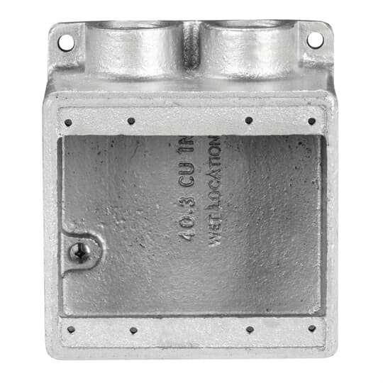 FDS222-TB T&B Type FDS Dead End Double Hub Deep Style Cast Device Box, Iron, 2 Gangs, 2 Outlets, 2 Knockouts, 4-5/8 in W x 2-13/16 in D x 4-9/32 in H