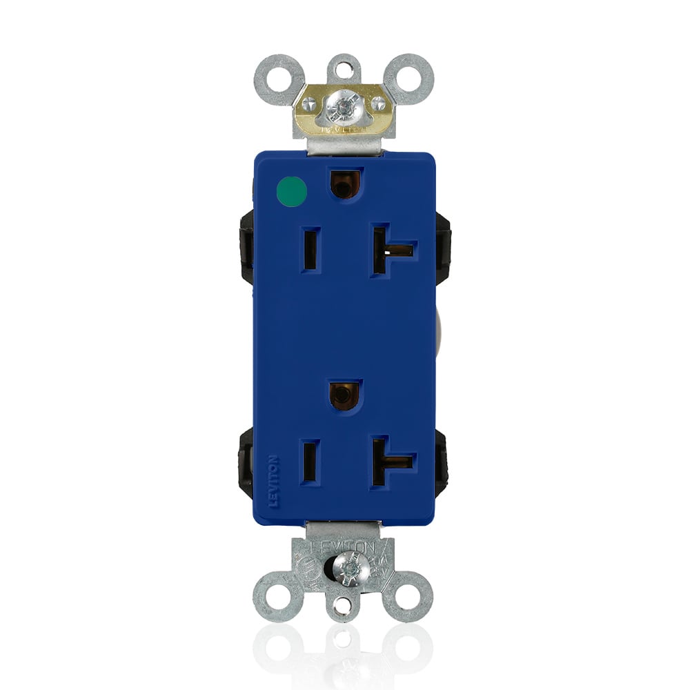 M1636-HGB Decora Plus Lev-Lok 1-Phase Duplex Extra Heavy Duty Self-Grounding Straight Blade Receptacle, 125 V AC, 20 A, 2 Poles, 3 Wires, Blue