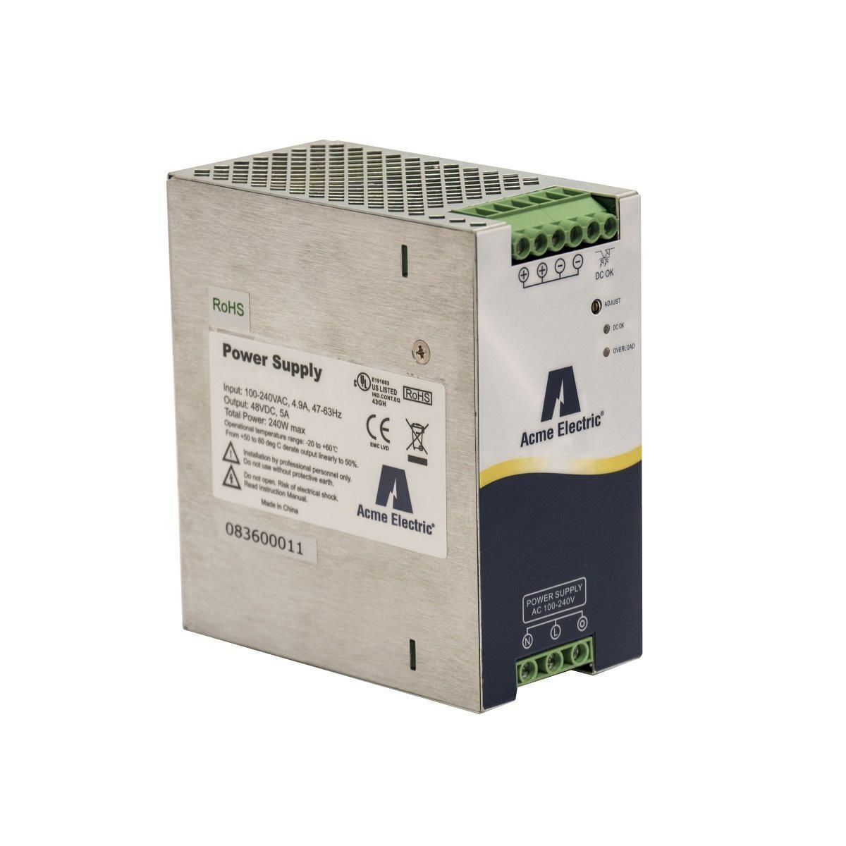 DM12405S DM Series 1-Phase Terminal Block Connection Slimline DC Power Supply, 90 to 264 V AC Input, 24 VDC Output, 120 W Power Rating, 5 to 4.3 A, DIN Rail Mount