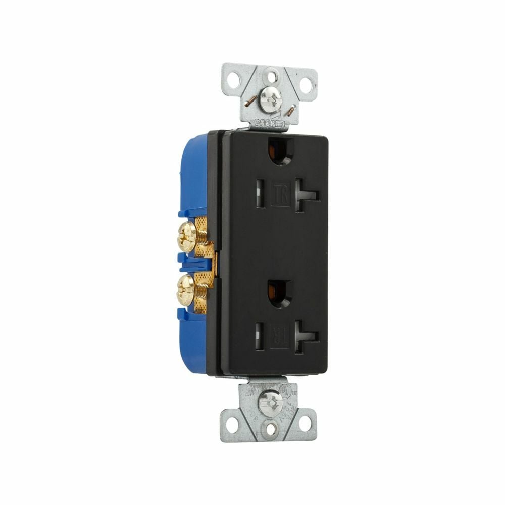Eaton residential grade decorator duplex receptacle, #14-10 AWG, 20A, Commercial, Residential, Flush, 125V, Side wire, Black, Brass, Impact-resistant thermoplastic face, PVC body, 5-20R, Duplex, Screw, Thermoplastic, ED Box