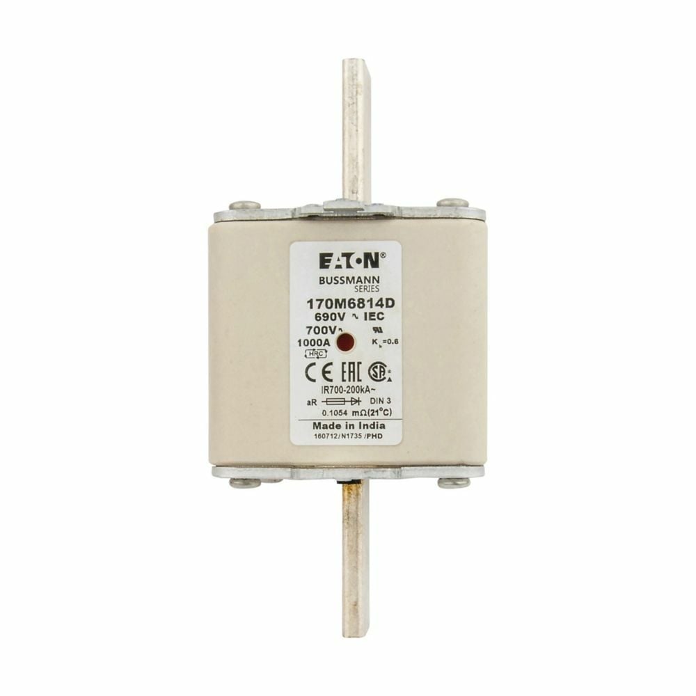 170M6814D Semi-Conductor High Speed Fuse, 1000 A, 690 V, 200 kA Interrupt, Class: aR, Square Body