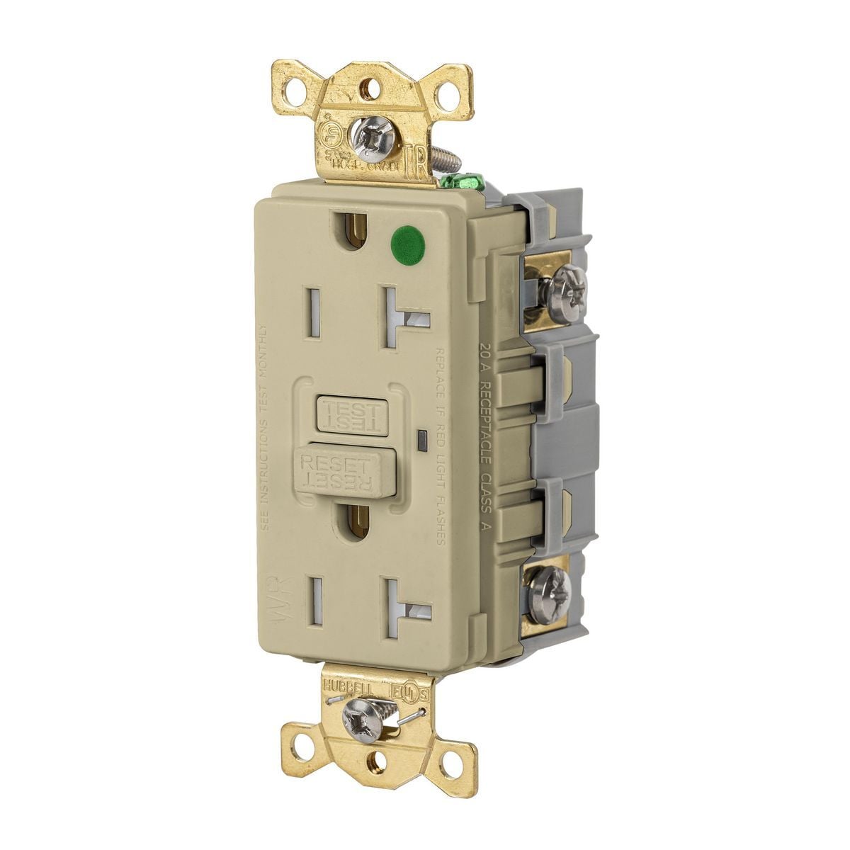 GFRTW83I Heavy Duty GFCI Receptacle, 125 V AC, 20 A, 2 Poles, 3 Wires, Ivory