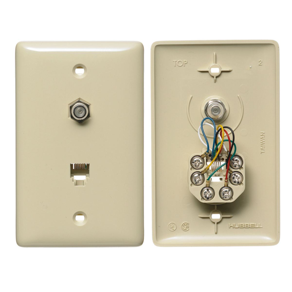 NS748I 1-Gang Standard Molded-In Plate With F Connector and Jack, Wall Mount, 6-Position 6-Conductor Jack Position