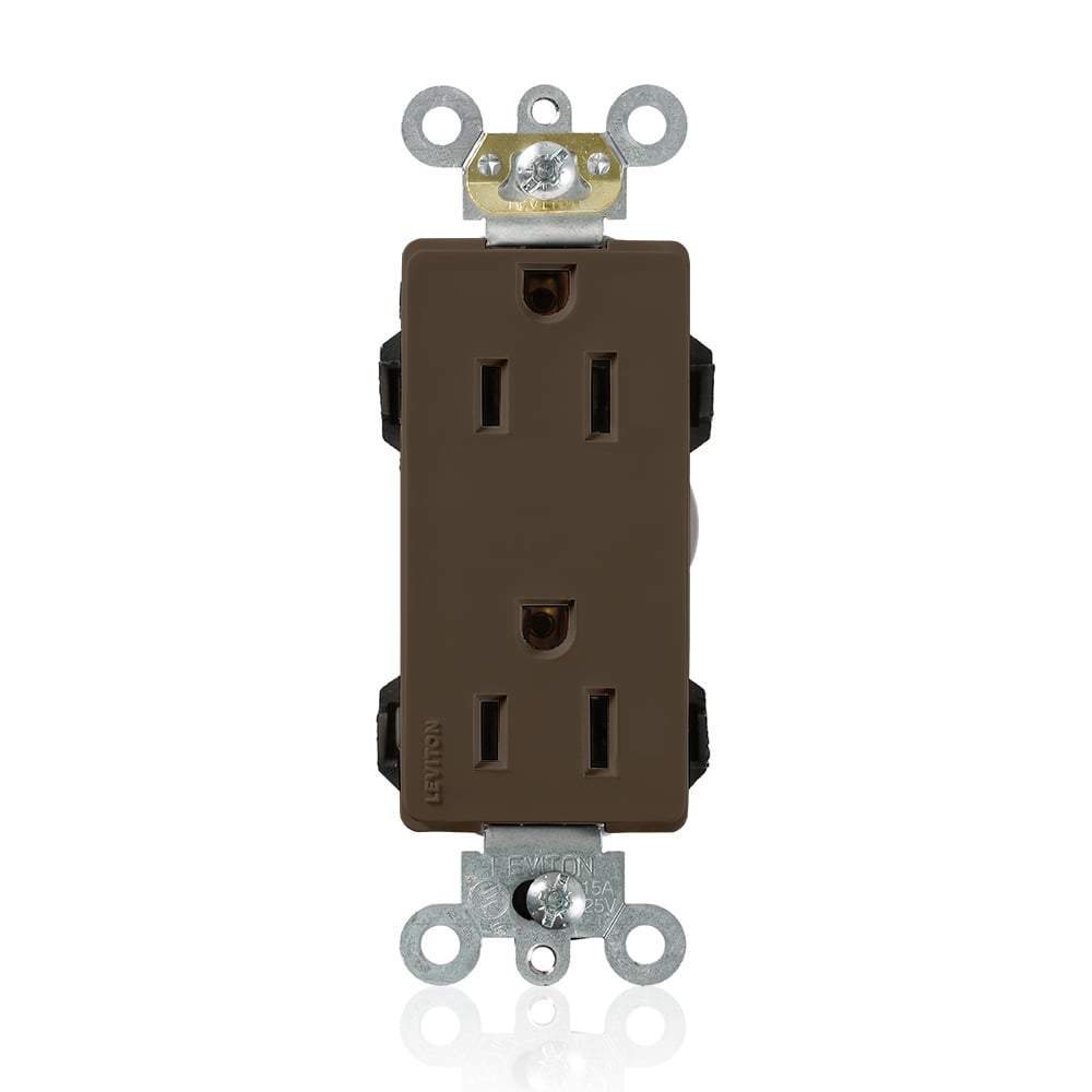M1626 Decora Plus Lev-Lok 1-Phase Duplex Heavy Duty Self-Grounding Straight Blade Receptacle, 125 V AC, 15 A, 2 Poles, 3 Wires, Brown