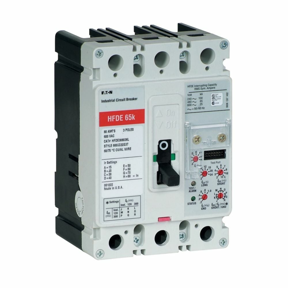 HFDE308036 C Series Type HFDE Molded Case Circuit Breaker, 600 V AC/250 V DC, 80 A, 65 kAIC at 480 VAC/100 kAIC at 240 VAC Interrupt, 3 Poles, Electronic Trip