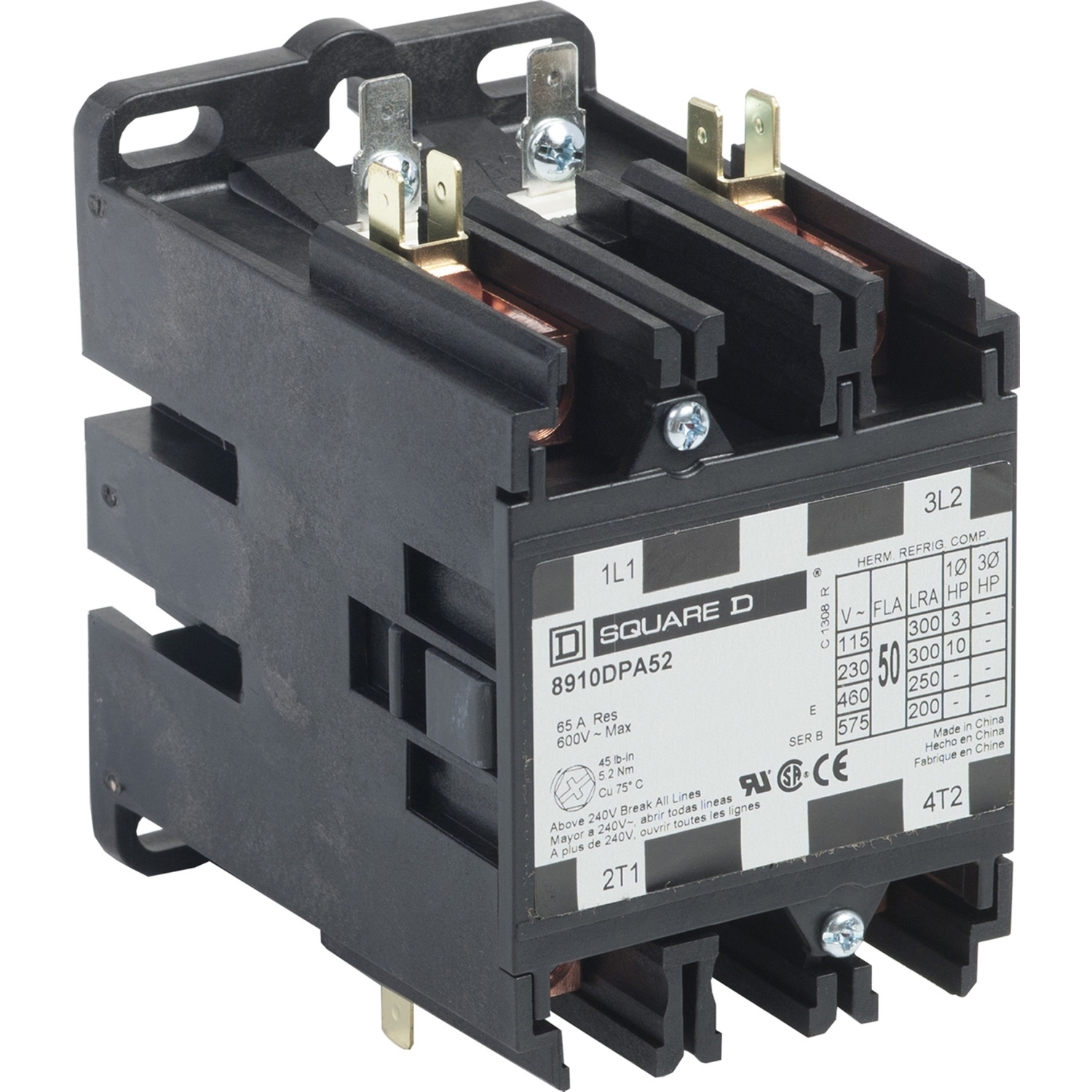 Contactor, Definite Purpose,  50A, 2 pole, 10 HP at 230 VAC, 1 phase, 277 VAC 60 Hz coil, open