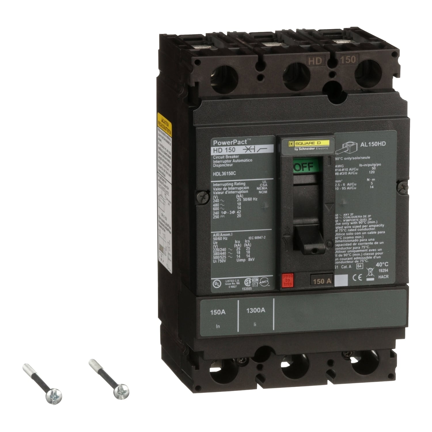 HDL36150C I-Line PowerPact 100% Rated Type HDL Molded Case Circuit Breaker, 600 V AC/250 V DC, 150 A, 18 kA at 480 VAC/25 kA at 240 VAC/14 kA at 600 VAC/20 kA at 250 VDC/250 VDC/600 VAC Interrupt, 3 Poles, Thermal Magnetic Trip
