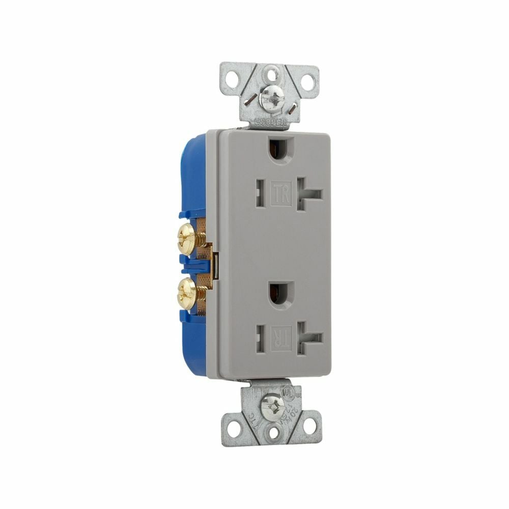 TR1307GYBOX Duplex Tamper Resistant Receptacle, 125 V AC, 20 A, 2 Poles, 3 Wires, Gray