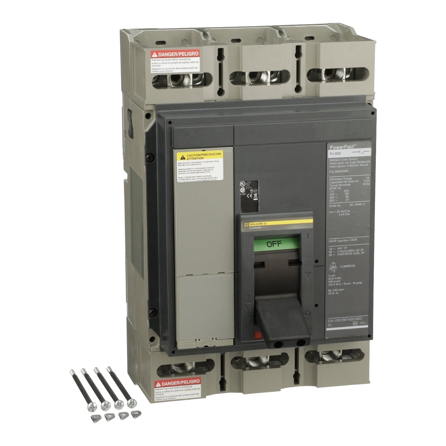 PJL36000S60 PowerPact MasterPact Automatic Molded Case Circuit Breaker, 600 V AC, 600 A, 100 kA at 240 V AC, 65 kA at 480 V AC, 25 kA at 600 V AC Interrupt, 3 Poles, Magnetic Trip