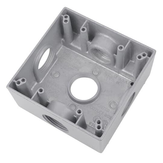 B25D30G Red Dot Weatherproof Outlet Box With Mounting Lug, Aluminum, 30 cu-in Capacity, 2 Gangs, 5 Outlets, 4-5/8 in L x 4-9/16 in W x 2 in D