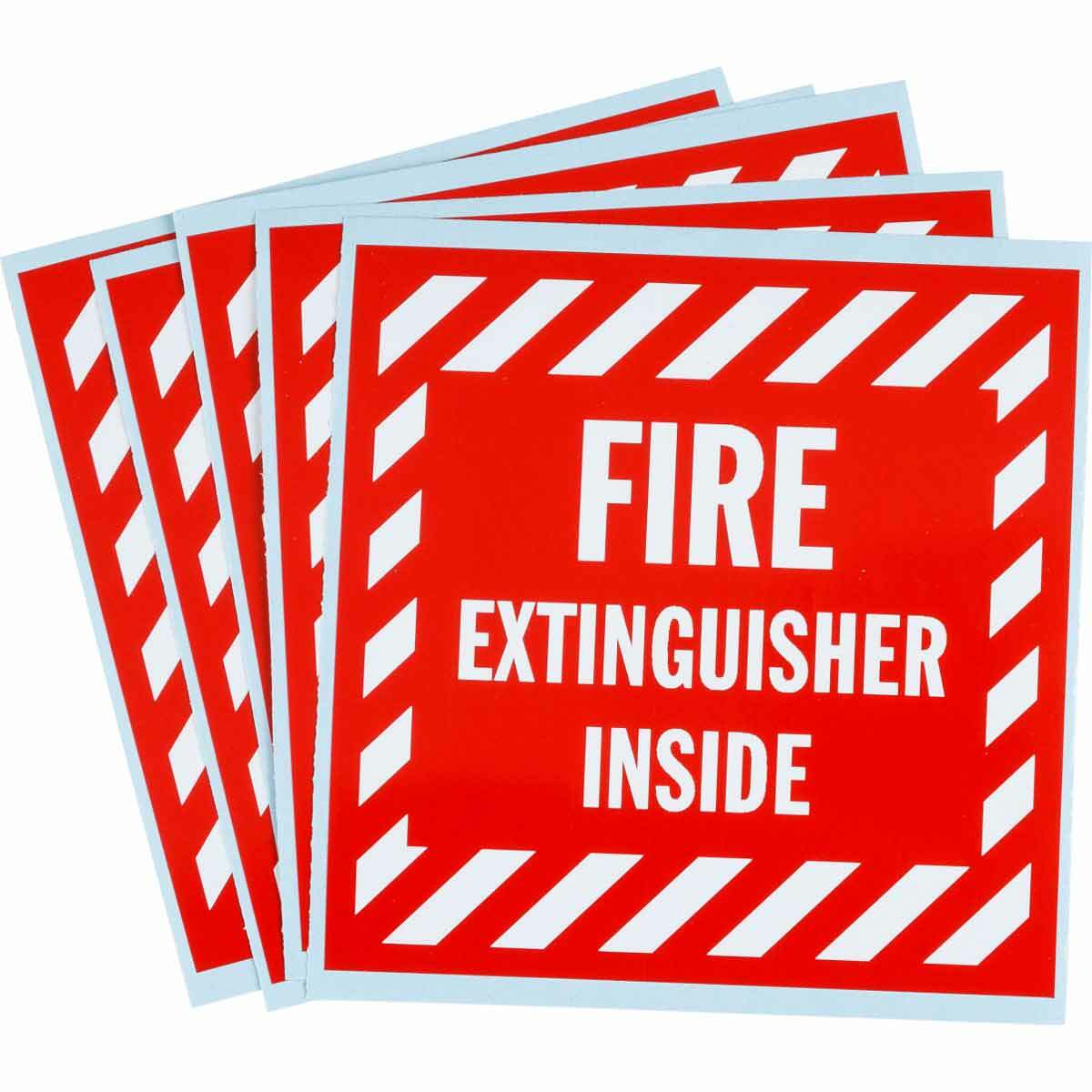 SV088E Square Fire Extinguisher Label, 4 in W, FIRE EXTINGUISHER INSIDE Legend, Red on White, Vinyl, 5 per Pack Labels
