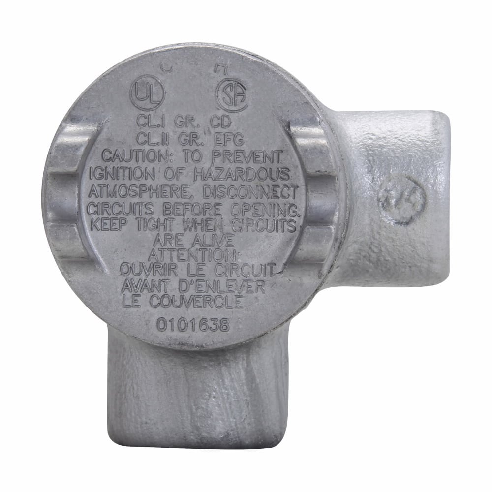GUAM24 Condulet Type LA Shape M Conduit Outlet Box With Cover, 3/4 in, 2 in Cover Opening, 5.8 cu-in Capacity, Aluminum Acrylic Painted/Electro-Galvanized