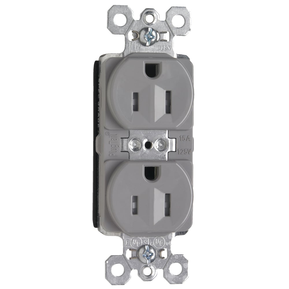 PTTR5262GRY PlugTail 15 Amp 125V Spec-Grade Duplex Receptacle, Gray