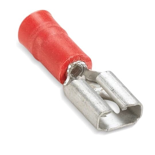 RA257M Sta-Kon 250 Female Disconnect, 22 to 18 AWG Conductor, 0.25 in W x 0.032 in THK Tab, Brazed Seam Barrel, Brass, Red, Insulated